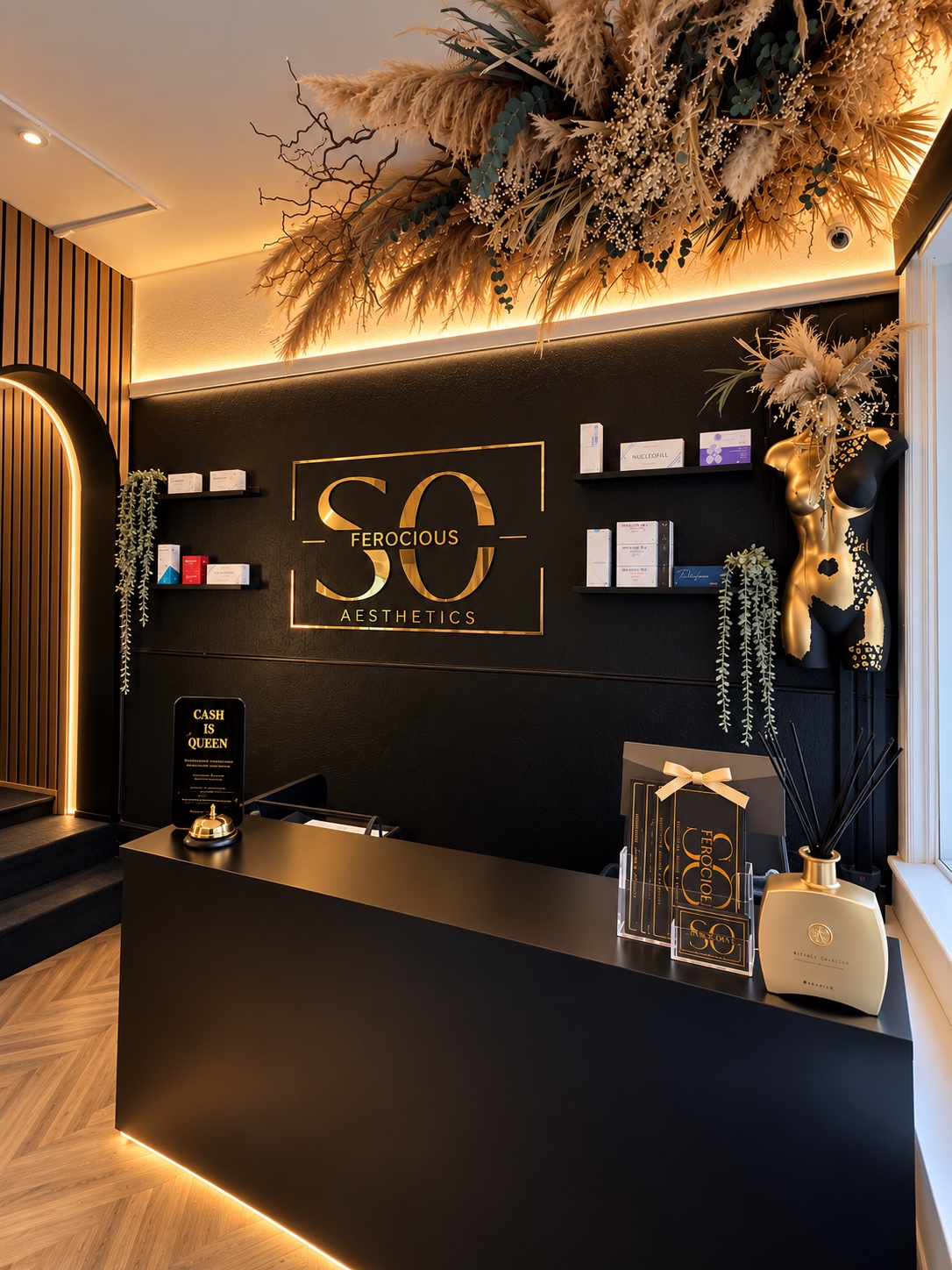 Reception desk and gold So Ferocious Aesthetics wall sign