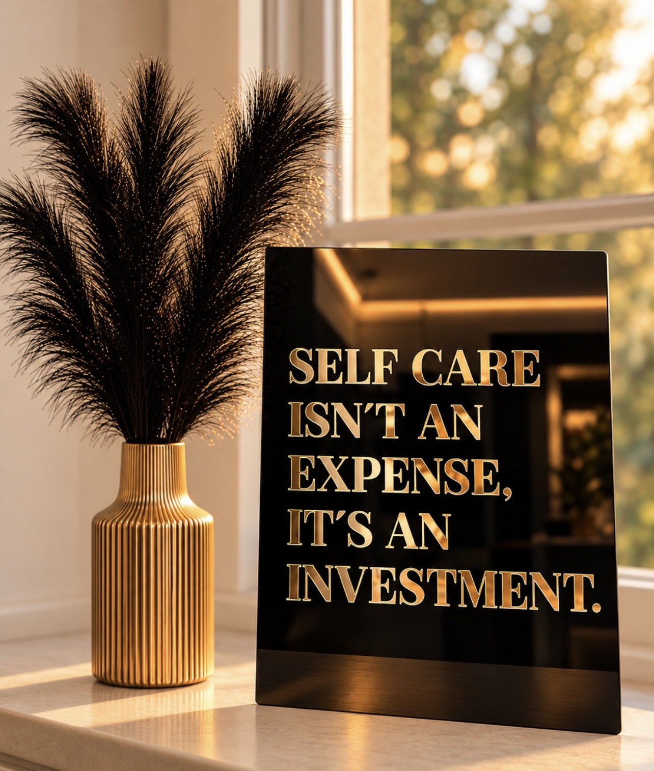 Gold vase beside a black sign reading Self care isn't an expense, it's an investment