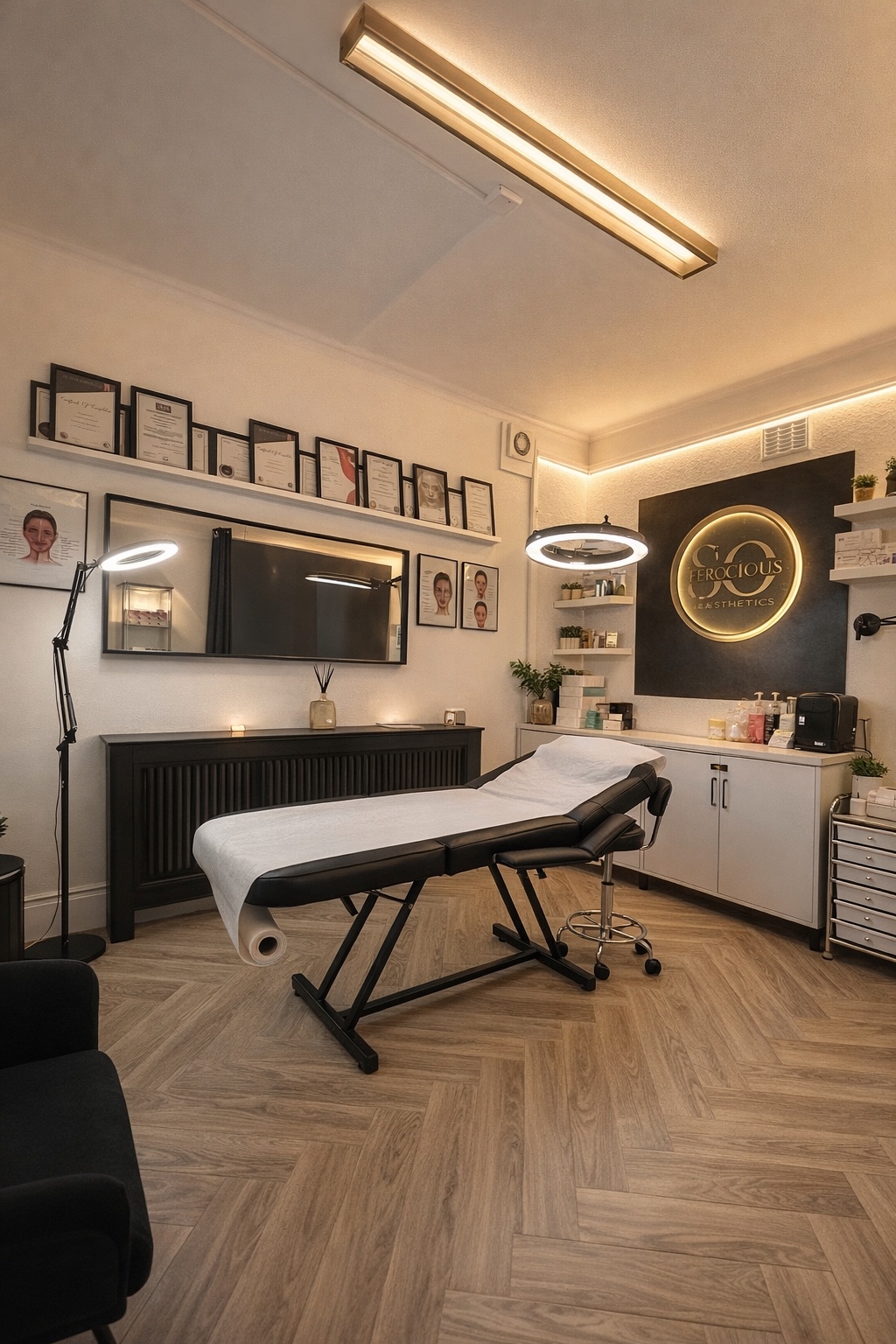 Treatment room with treatment bed and illuminated clinic sign